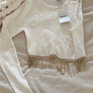 Forever 21 Cream Fringe Crop Top
